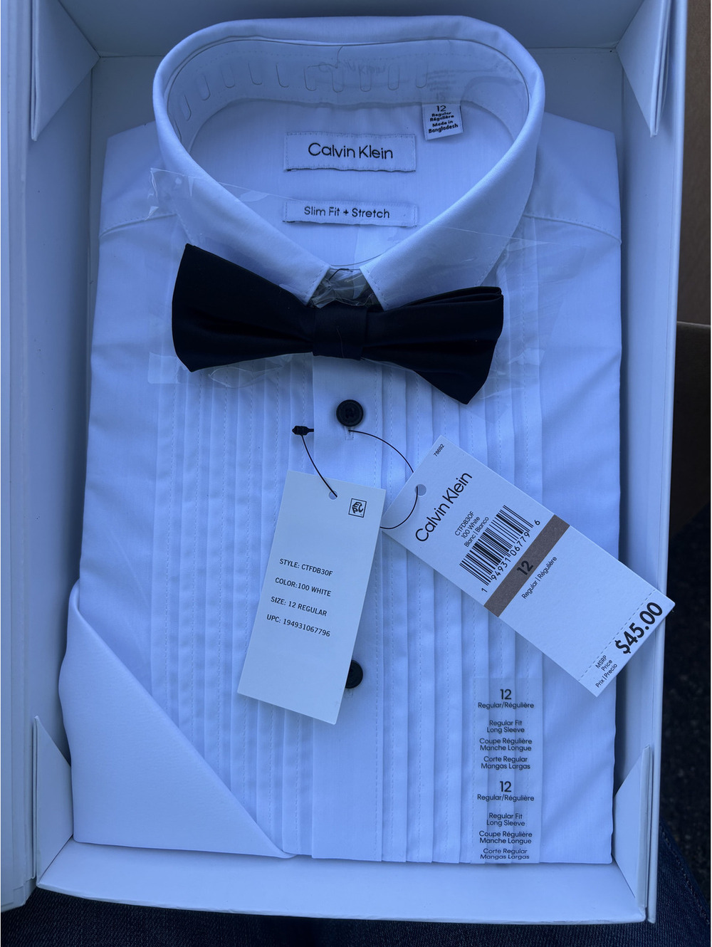 Calvin Klein Boys Tuxedo Shirt & Bow Tie Set White Size 12 Regular NWT Box